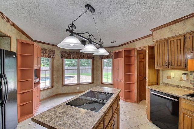 1150 Forest Wood Cv E, Collierville, TN 38017 - kitchen featuring black appliances, open shelves, a textured ceiling, ornamental molding, and a center island
