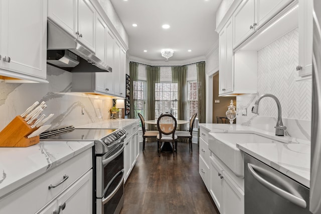 232 Windover Grove Dr, Memphis, TN 38111 - kitchen with stainless steel appliances, under cabinet range hood, dark wood-style flooring, white cabinets, and recessed lighting