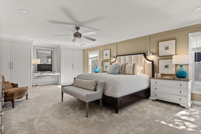 232 Windover Grove Dr, Memphis, TN 38111 - bedroom featuring light colored carpet, a ceiling fan, recessed lighting, and crown molding