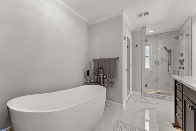 232 Windover Grove Dr, Memphis, TN 38111 - full bathroom featuring crown molding, a freestanding bath, a marble finish shower, marble finish floors, and vanity