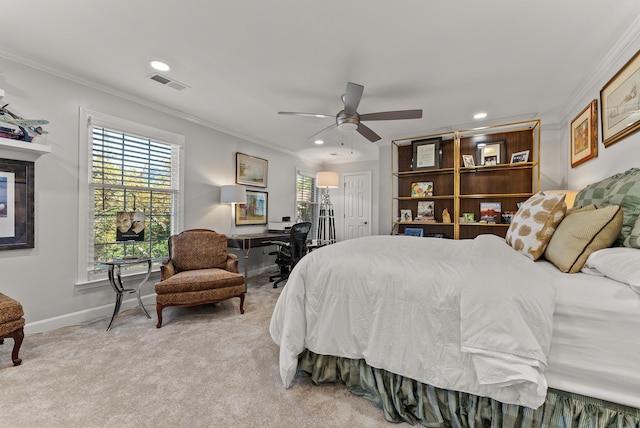 232 Windover Grove Dr, Memphis, TN 38111 - bedroom featuring ornamental molding, recessed lighting, light carpet, a desk, and a ceiling fan