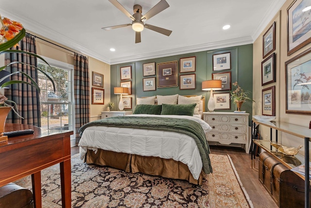 232 Windover Grove Dr, Memphis, TN 38111 - bedroom featuring ornamental molding, wood finished floors, recessed lighting, and ceiling fan