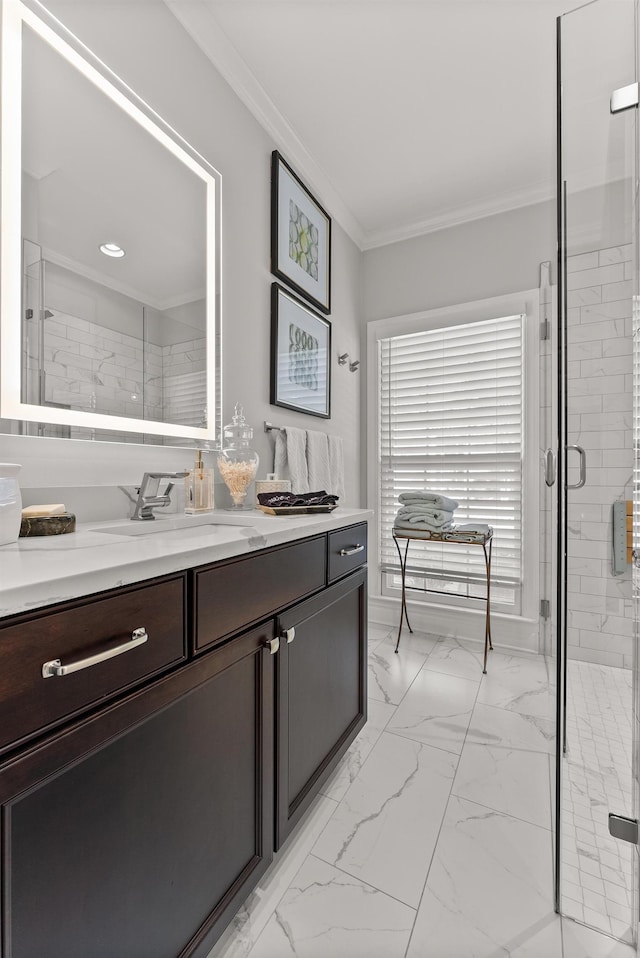 232 Windover Grove Dr, Memphis, TN 38111 - bathroom featuring marble look tiles, vanity, crown molding, and a stall shower