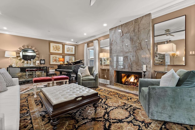 232 Windover Grove Dr, Memphis, TN 38111 - living area featuring a high end fireplace, ornamental molding, recessed lighting, and wood finished floors