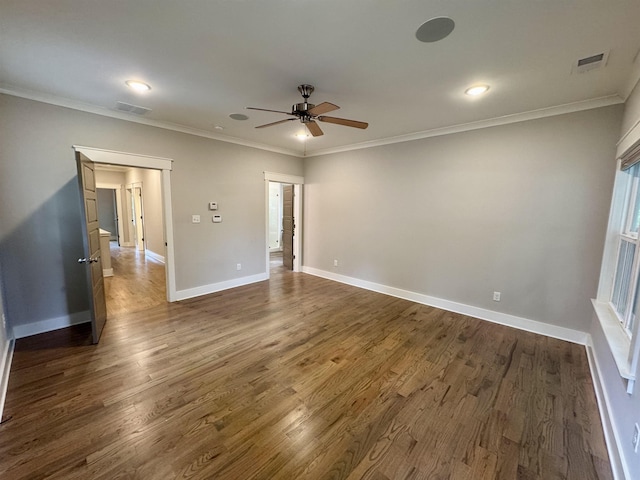 7148 Donnington Dr, Germantown, TN 38138 - empty room featuring ceiling fan, dark wood-style flooring, ornamental molding, and recessed lighting