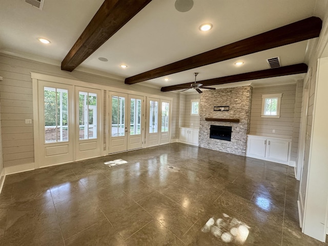 7148 Donnington Dr, Germantown, TN 38138 - unfurnished living room featuring a ceiling fan, a fireplace, and beam ceiling