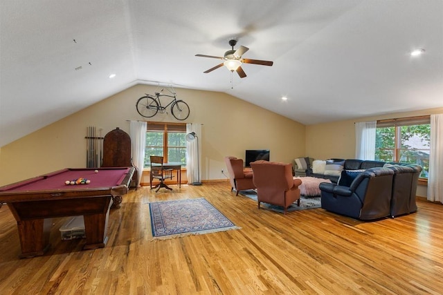 9240 Riveredge Dr, Memphis, TN 38018 - living area featuring wood finished floors, plenty of natural light, lofted ceiling, a ceiling fan, and billiards table