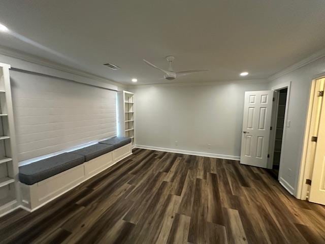 6425 Lebarrett Cv, Memphis, TN 38120 - below grade area featuring crown molding, ceiling fan, dark wood-style flooring, and recessed lighting