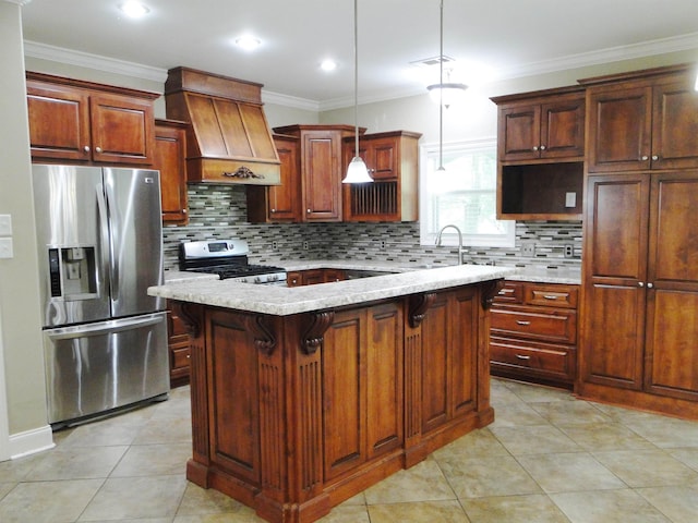 630 Ridgecrest Dr, Pope, MS 38658 - kitchen with appliances with stainless steel finishes, custom exhaust hood, crown molding, tasteful backsplash, and a kitchen island