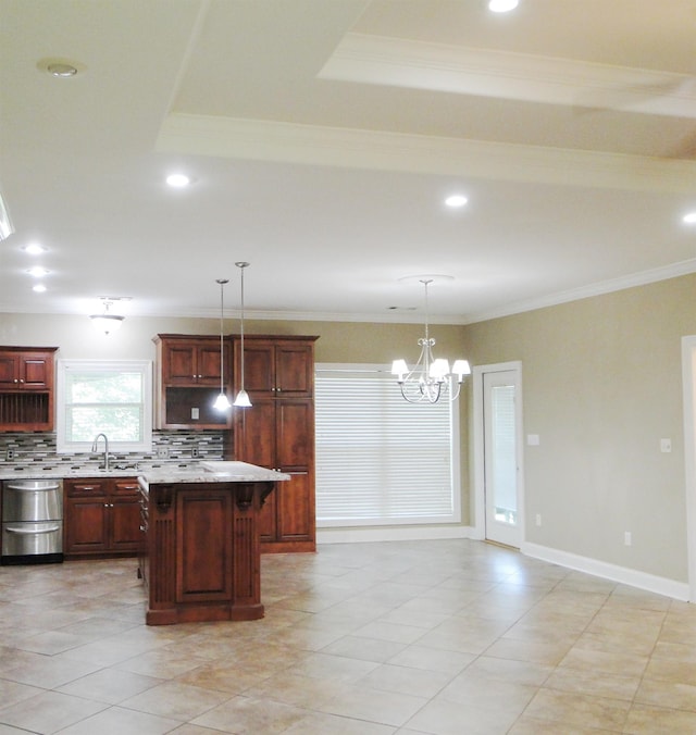 630 Ridgecrest Dr, Pope, MS 38658 - kitchen featuring decorative backsplash, dishwasher, a center island, a chandelier, and ornamental molding