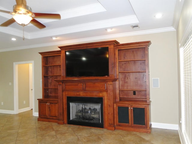 630 Ridgecrest Dr, Pope, MS 38658 - unfurnished living room featuring a tray ceiling, ceiling fan, a fireplace, crown molding, and light tile patterned floors