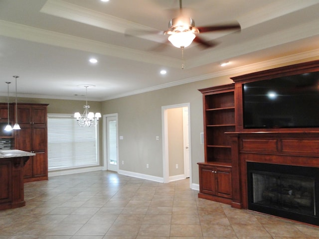 630 Ridgecrest Dr, Pope, MS 38658 - unfurnished living room featuring ceiling fan, a tray ceiling, a chandelier, crown molding, and a fireplace