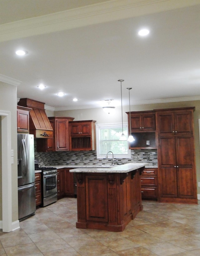 630 Ridgecrest Dr, Pope, MS 38658 - kitchen with appliances with stainless steel finishes, custom range hood, light countertops, backsplash, and crown molding