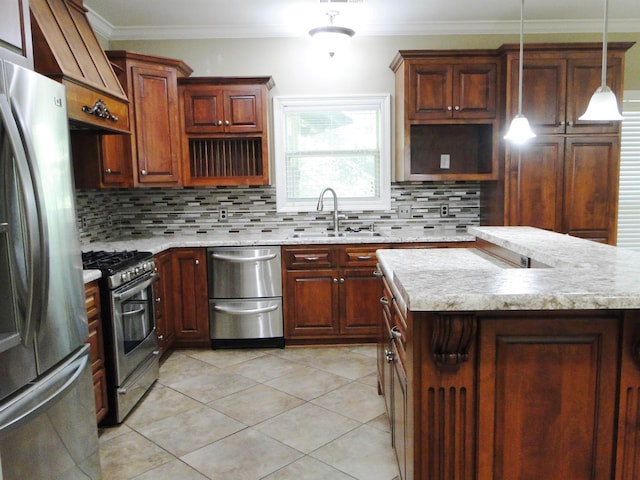 630 Ridgecrest Dr, Pope, MS 38658 - kitchen with stainless steel appliances, ornamental molding, tasteful backsplash, a center island, and pendant lighting
