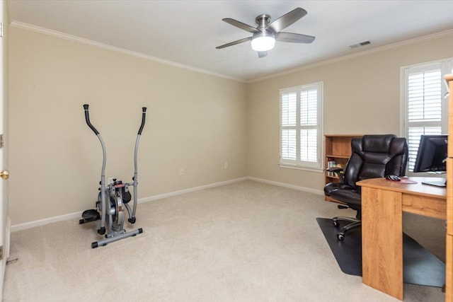 1506 Wolf Bend Rd, Germantown, TN 38138 - office space featuring carpet flooring, ornamental molding, and ceiling fan
