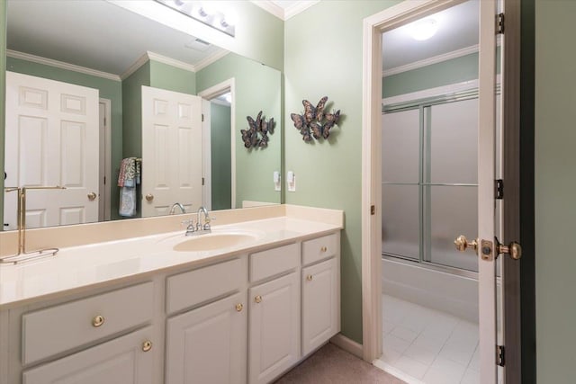 1506 Wolf Bend Rd, Germantown, TN 38138 - full bathroom featuring vanity, shower / bath combination with glass door, crown molding, and tile patterned floors