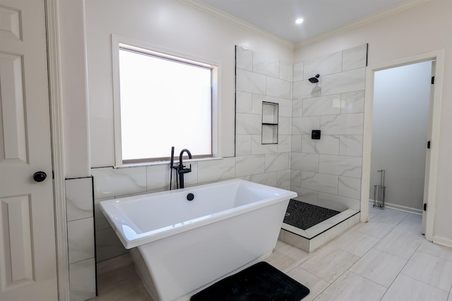 8510 Wolf Trace Ln, Bartlett, TN 38133 - bathroom with a freestanding tub, tiled shower, and crown molding