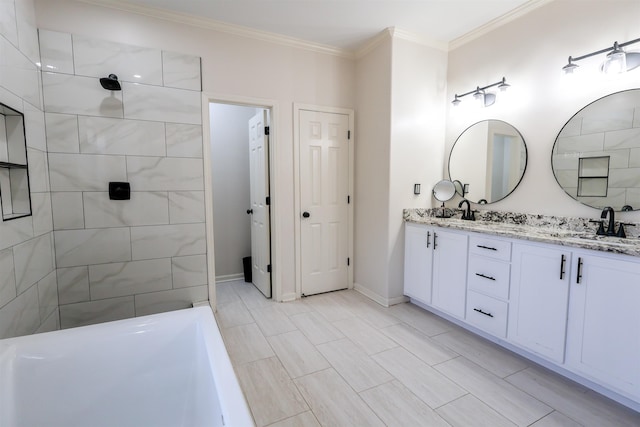 8510 Wolf Trace Ln, Bartlett, TN 38133 - bathroom with double vanity, crown molding, a tub to relax in, and a tile shower
