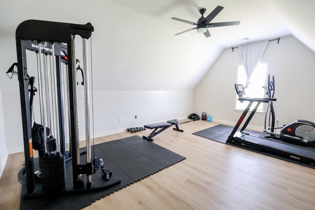 8510 Wolf Trace Ln, Bartlett, TN 38133 - workout area featuring wood finished floors, a ceiling fan, and vaulted ceiling