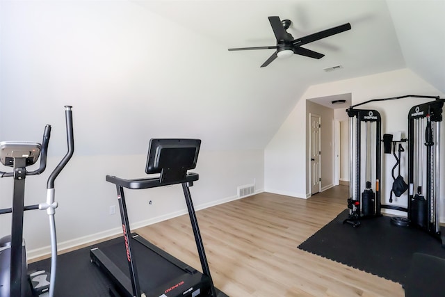 8510 Wolf Trace Ln, Bartlett, TN 38133 - workout room featuring ceiling fan, lofted ceiling, and wood finished floors