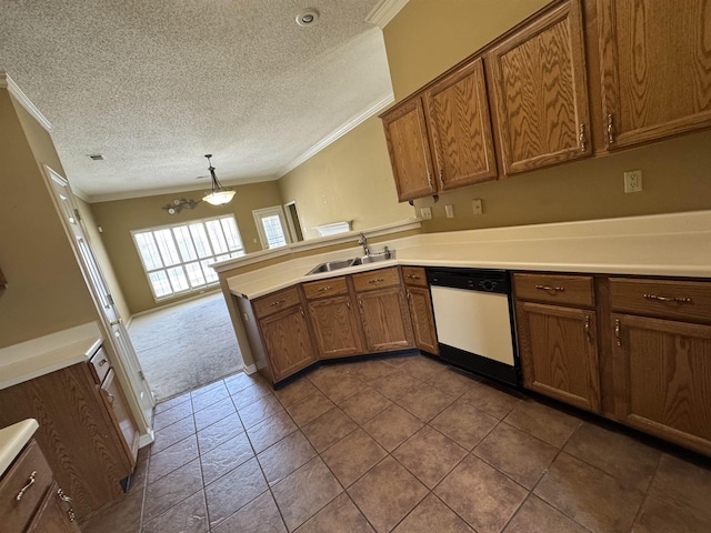 850 N Ericson Rd, Memphis, TN 38018 - kitchen with dishwasher, ornamental molding, a textured ceiling, a peninsula, and brown cabinets