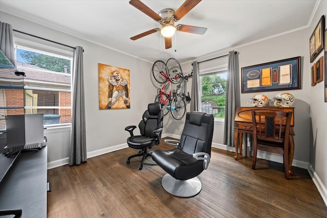 4583 E Dearing Rd, Memphis, TN 38117 - living area with an office area, wood finished floors, ceiling fan, and ornamental molding