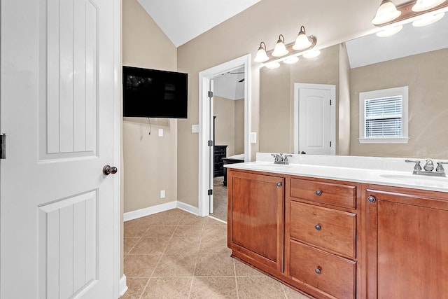 6836 Lagrange Grove Dr, Cordova, TN 38018 - full bathroom with double vanity, tile patterned flooring, and lofted ceiling