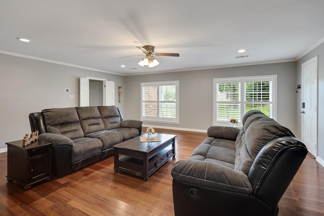 2270 Atherstone Pl, Memphis, TN 38016 - living room with ceiling fan, crown molding, wood finished floors, and recessed lighting