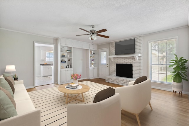 4338 Gardenview Dr, Memphis, TN 38116 - living room featuring light wood-style flooring, plenty of natural light, ceiling fan, ornamental molding, and a textured ceiling