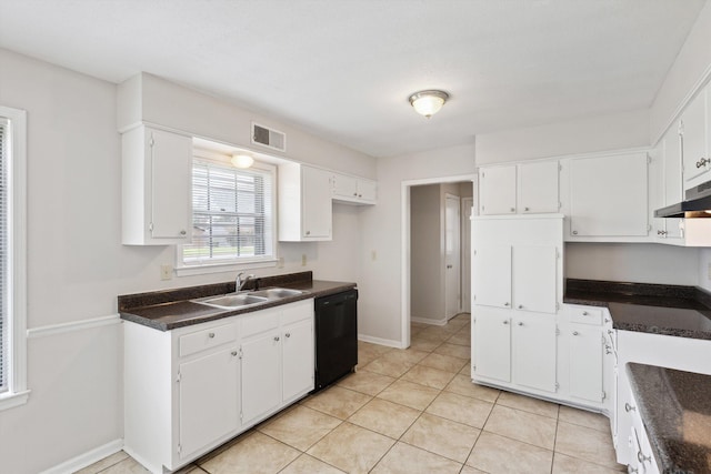 4338 Gardenview Dr, Memphis, TN 38116 - kitchen with black dishwasher, under cabinet range hood, dark countertops, and white cabinetry
