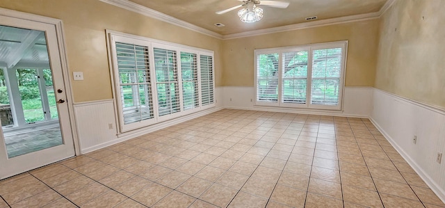 4030 Windolyn Way, Bartlett, TN 38133 - unfurnished room featuring light tile patterned flooring, a wainscoted wall, ceiling fan, and ornamental molding