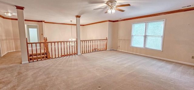 4030 Windolyn Way, Bartlett, TN 38133 - carpeted empty room with a ceiling fan, crown molding, and decorative columns