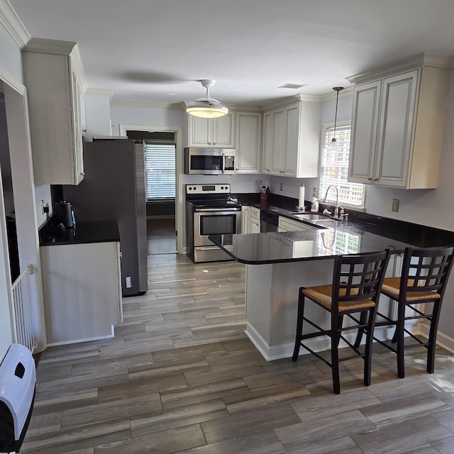 6380 Davidson Cv, Memphis, TN 38119 - kitchen with stainless steel appliances, a peninsula, crown molding, dark countertops, and healthy amount of natural light