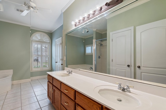 536 Warwick Willow Ln, Collierville, TN 38017 - full bath with ceiling fan, a stall shower, a garden tub, double vanity, and ornamental molding