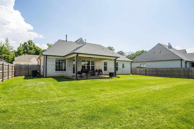 50 Misty Meadow Ln, Oakland, TN 38060 - back of house with a patio, a fenced backyard, a ceiling fan, roof with shingles, and brick siding