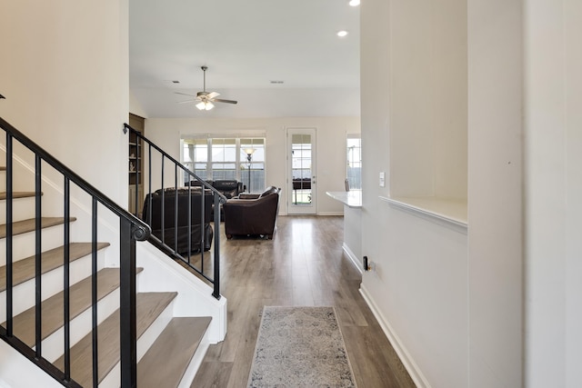 50 Misty Meadow Ln, Oakland, TN 38060 - stairs with wood finished floors, a ceiling fan, and recessed lighting