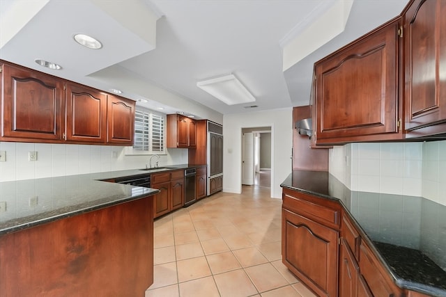 881 S Perkins Rd, Memphis, TN 38117 - kitchen featuring decorative backsplash, light tile patterned floors, dark stone counters, black dishwasher, and recessed lighting