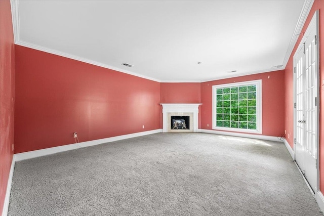 881 S Perkins Rd, Memphis, TN 38117 - unfurnished living room with crown molding, carpet, and a fireplace