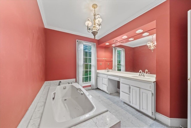 881 S Perkins Rd, Memphis, TN 38117 - full bath featuring a chandelier, double vanity, ornamental molding, and a garden tub