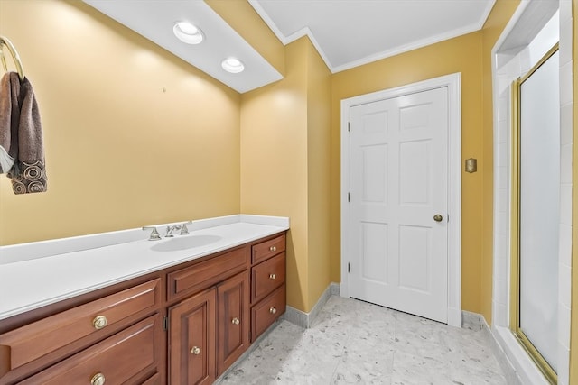 881 S Perkins Rd, Memphis, TN 38117 - bathroom featuring ornamental molding, a stall shower, and vanity
