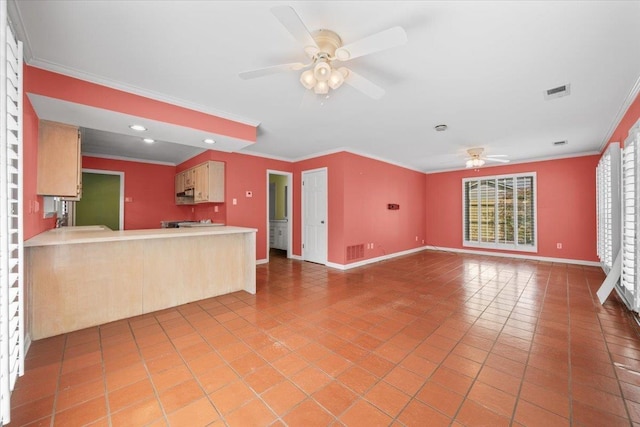 881 S Perkins Rd, Memphis, TN 38117 - unfurnished living room with ceiling fan, crown molding, light tile patterned flooring, and recessed lighting
