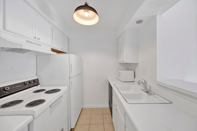 6787 Quail Hollow Ct Unit 4, Memphis, TN 38120 - kitchen with under cabinet range hood, white appliances, white cabinetry, light countertops, and light tile patterned flooring
