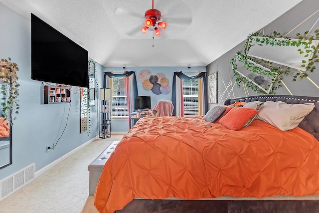 10215 N Green Moss Dr, Cordova, TN 38018 - bedroom with a textured ceiling, carpet, vaulted ceiling, and ceiling fan