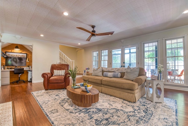 8986 Stratfield Cv, Germantown, TN 38139 - living room featuring an office area, ceiling fan, hardwood / wood-style flooring, ornamental molding, and recessed lighting