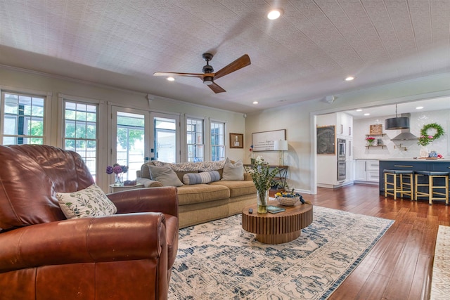 8986 Stratfield Cv, Germantown, TN 38139 - living room featuring ornamental molding, a ceiling fan, recessed lighting, and dark wood finished floors