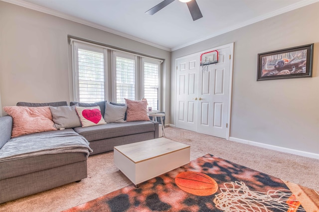 8986 Stratfield Cv, Germantown, TN 38139 - living area with ornamental molding, ceiling fan, and carpet floors