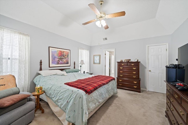 6445 Baird Ln, Bartlett, TN 38135 - bedroom featuring light carpet, vaulted ceiling, and a ceiling fan