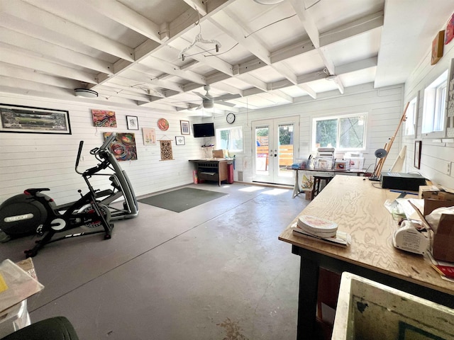 1978 Tutwiler Ave, Memphis, TN 38107 - workout area with french doors, a ceiling fan, and wood walls