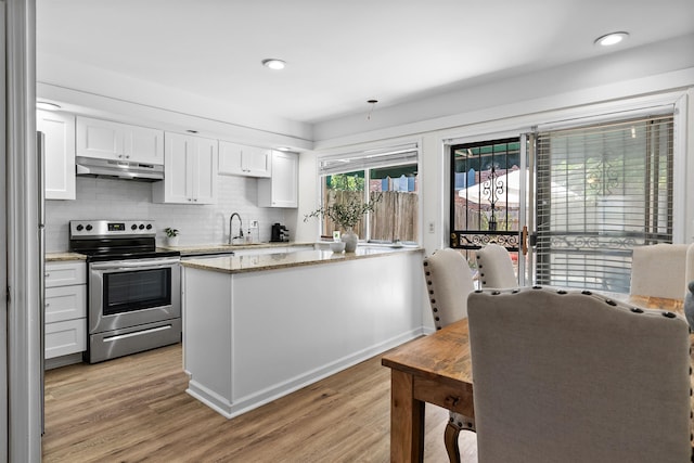 5841 Park Ave Unit 2, Memphis, TN 38119 - kitchen featuring stainless steel electric range, under cabinet range hood, white cabinets, light wood-type flooring, and light stone counters