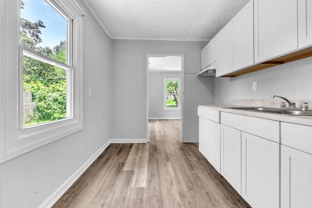 849 Restbrook Ave, Memphis, TN 38127 - kitchen featuring a textured ceiling, light wood-style floors, light countertops, and white cabinetry